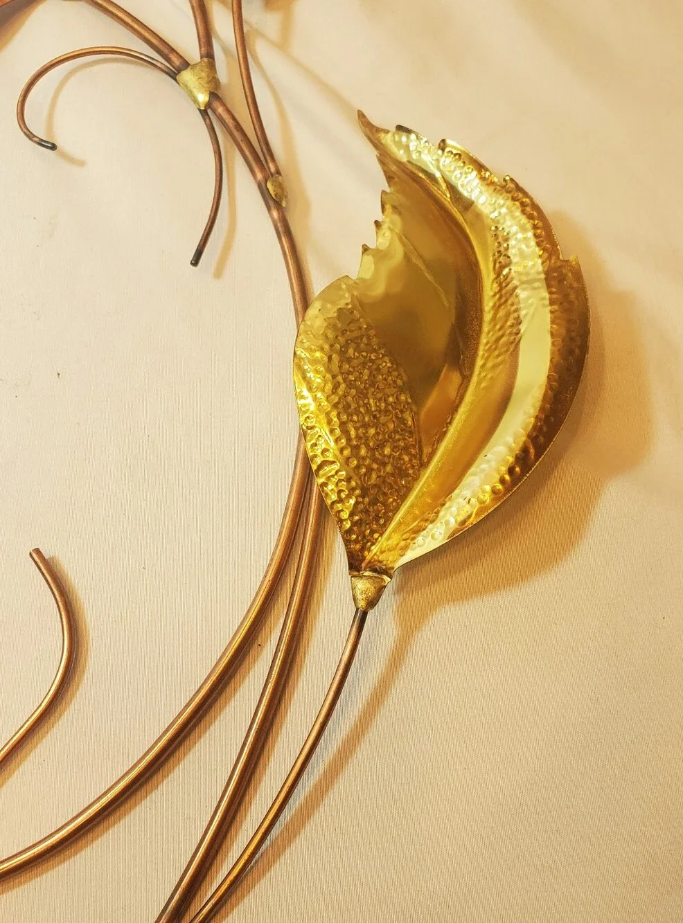 Metal & Wood Vintage Leaves Wall Hanging Brass & Copper MCM 19